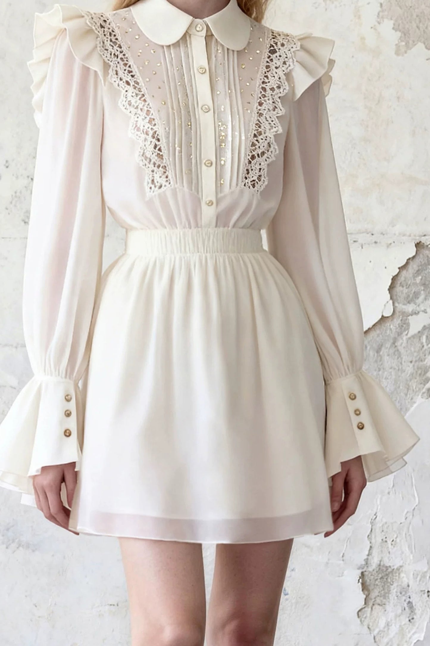 Ruffle Blouse And A-Line Skirt Two-Piece Set