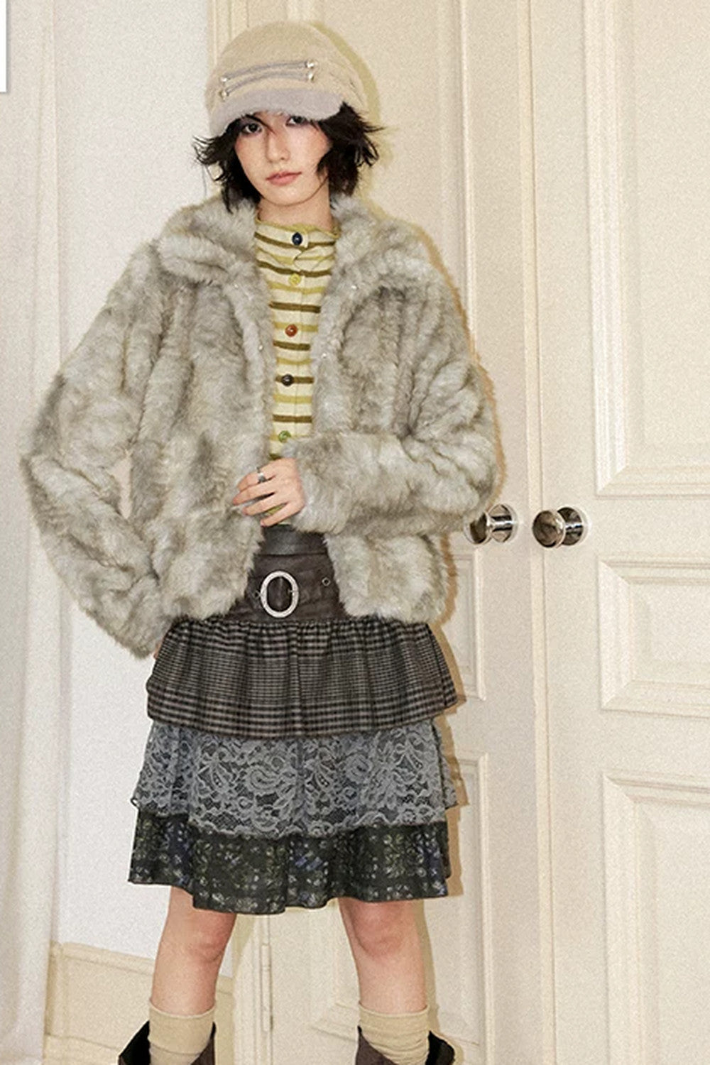Gray Green Plush Fur Jacket