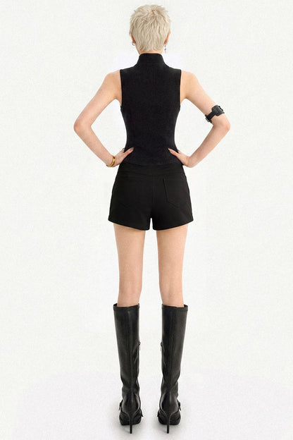 Black Lace-Up Zipper Camisole Top