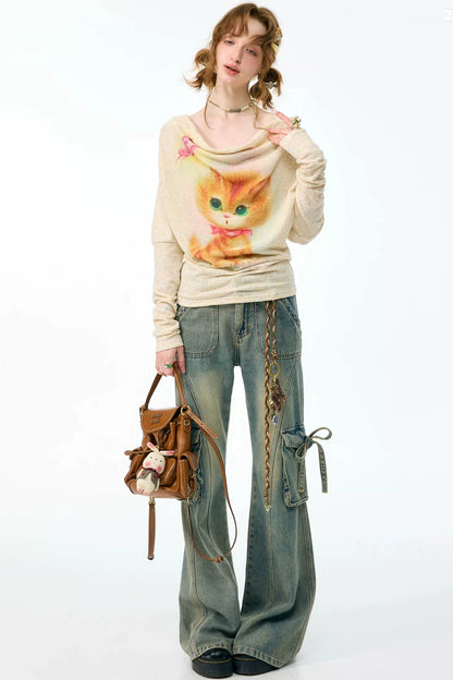 Cat Print Flutter Collar Blouse