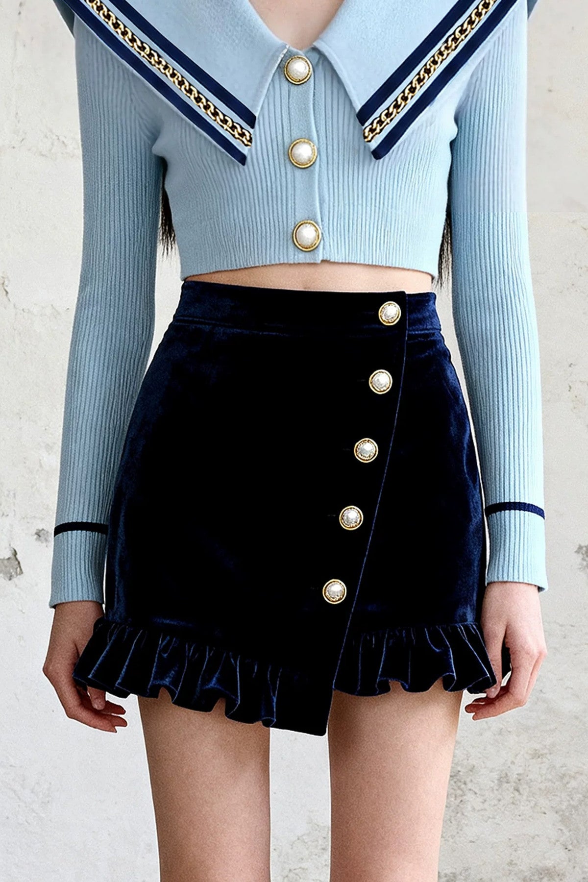 Navy Collar Gold Button Ruffle Skirt Set