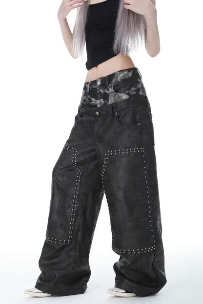Camouflage Wax-Coated Distressed Denim Pants