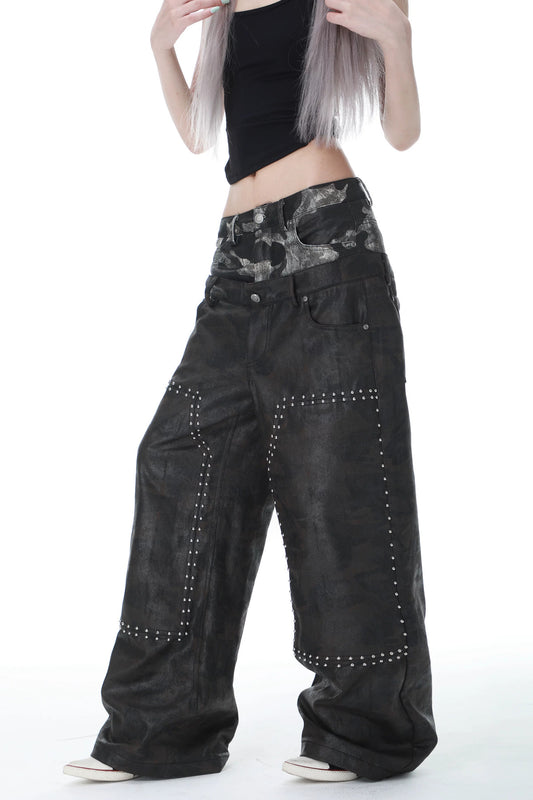 Camouflage Wax-Coated Distressed Denim Pants