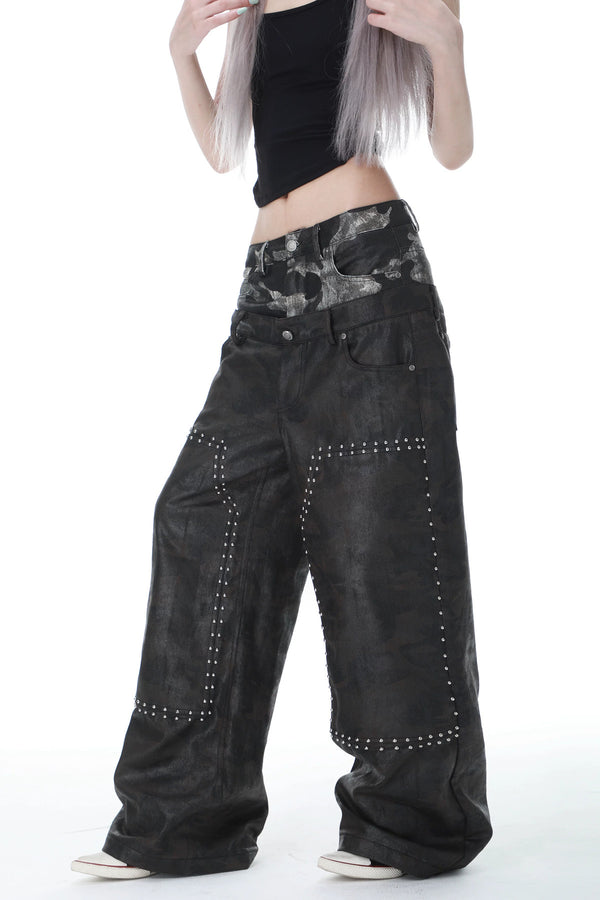 Camouflage Wax-Coated Distressed Denim Pants