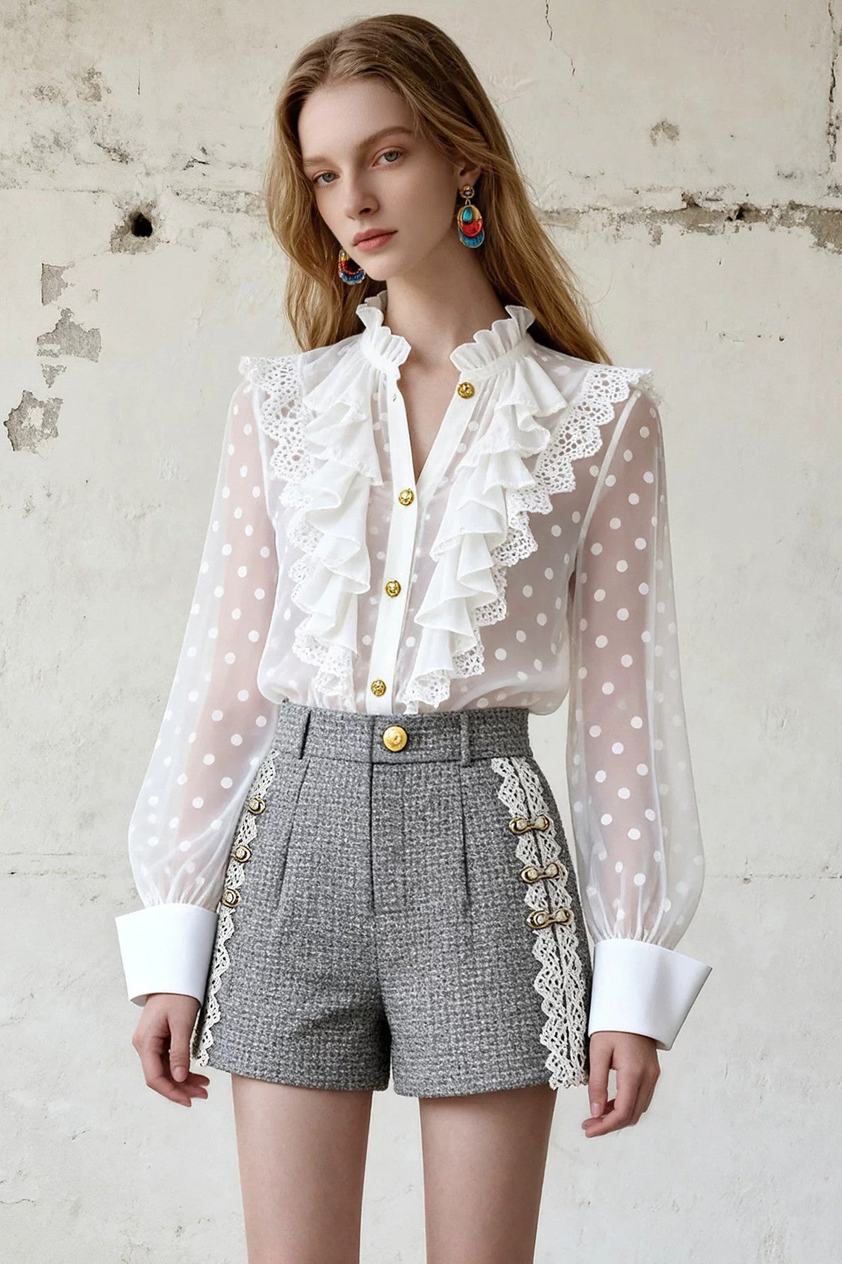 French Style Polka Blouse and Shorts Set-Up