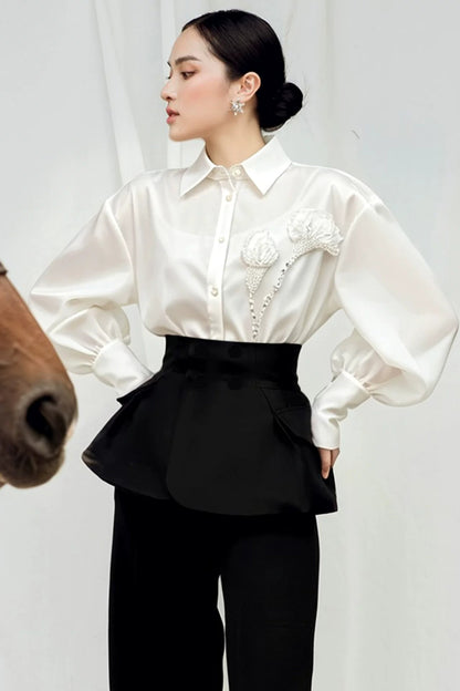 Satin Puff Sleeve Ruffle Blouse