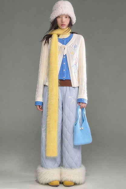 Two-Piece Wool-Blend Tulip Embroidery Knit Cardigan And Skirt Set-Up