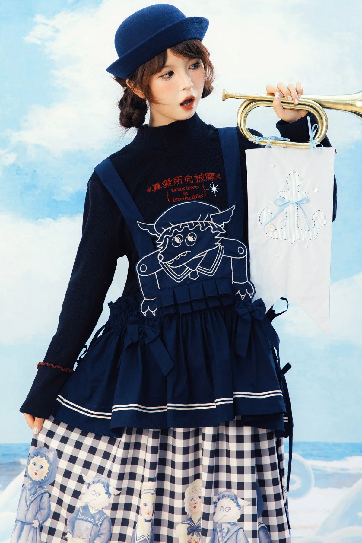 Layered-Look Wolf Embroidery Plaid Apron Dress