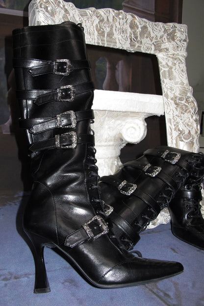 Lace-Up Metal Buckle Stiletto Boots