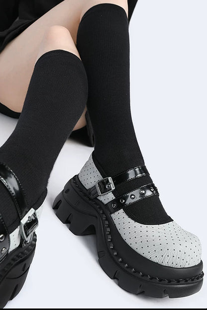 Polka Dot Textured Mary Jane Platform Shoes