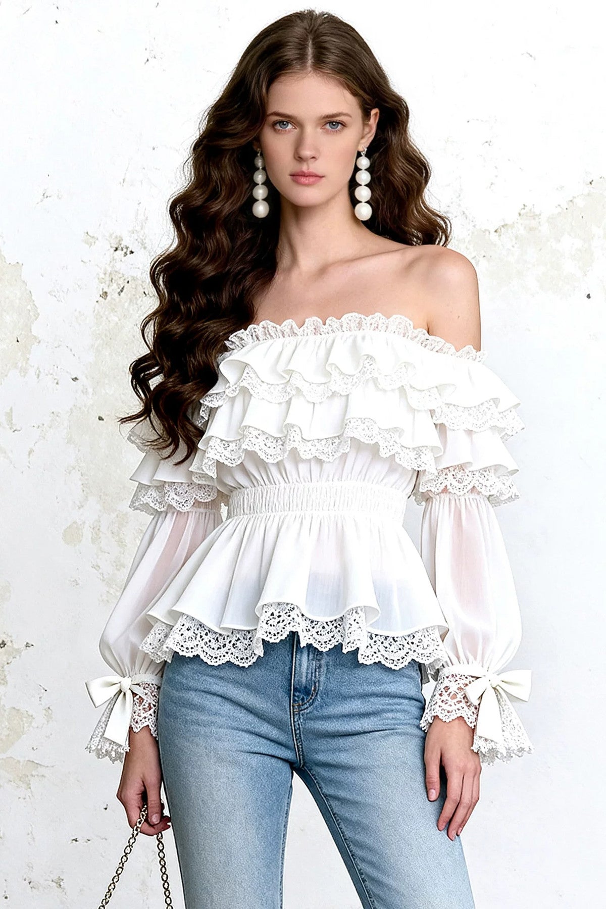 White Organza Off-Shoulder Lantern Sleeve Blouse