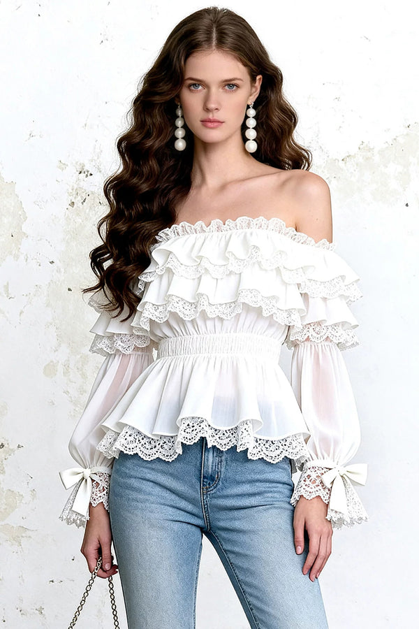 White Organza Off-Shoulder Lantern Sleeve Blouse
