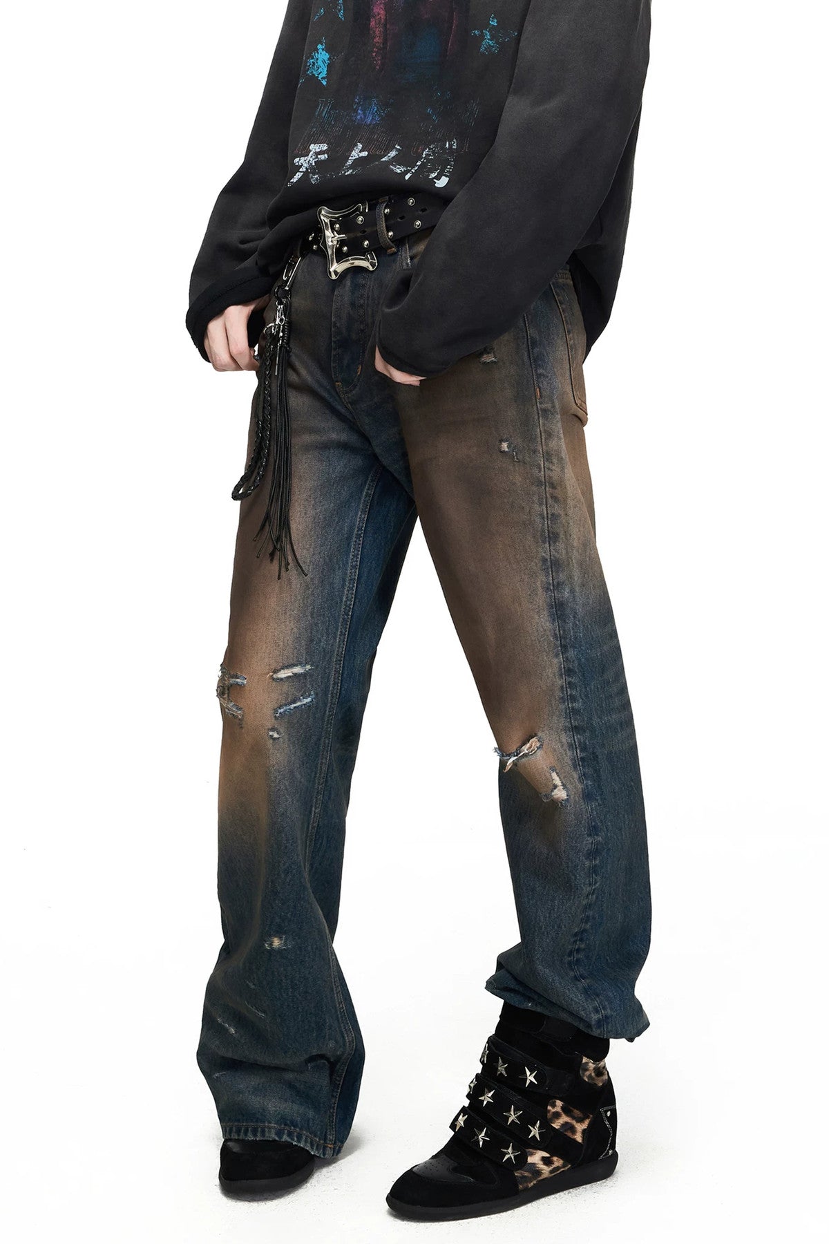 Mud-Dyed Distressed Flared Jeans