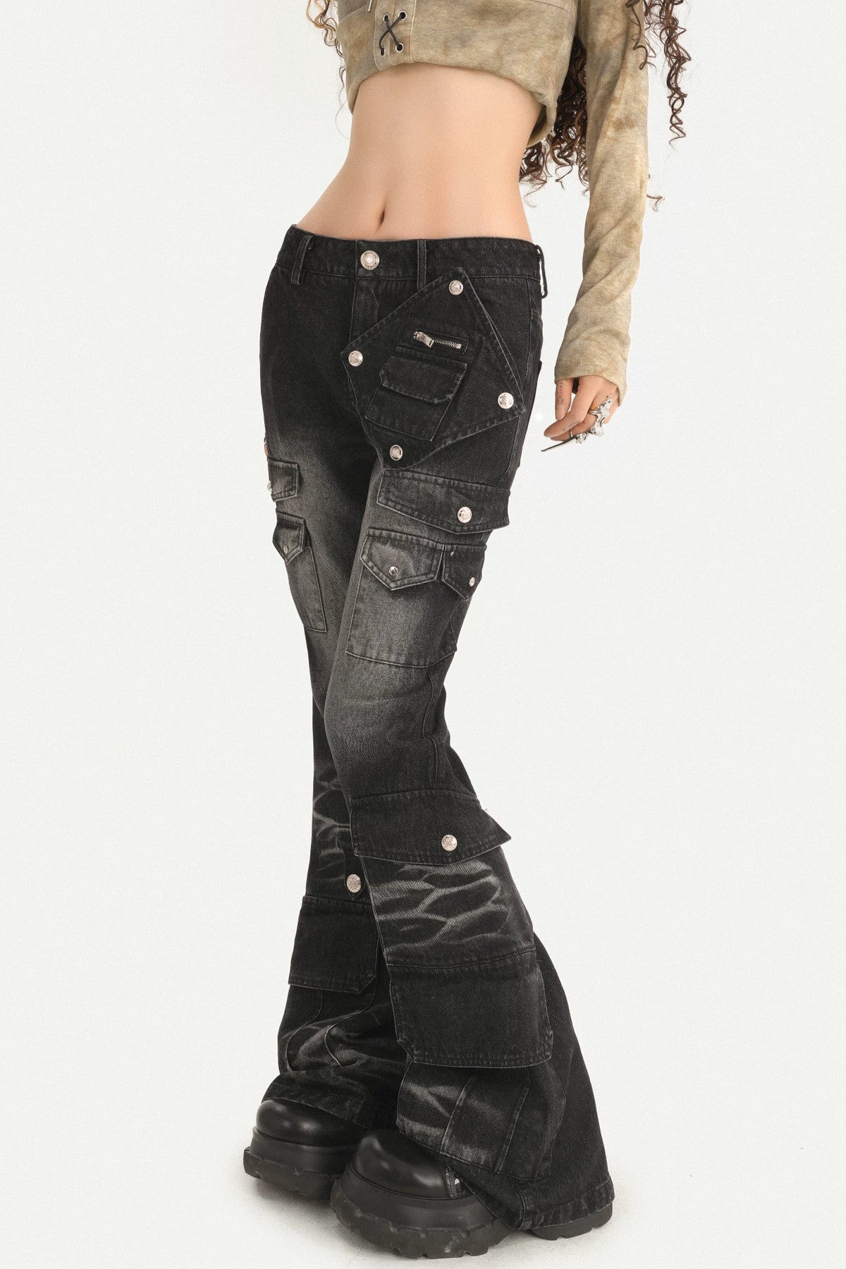 Black Vintage Workwear Flared Jeans