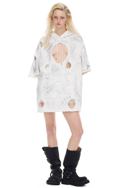 Loose Three-Dimensional Cut Ripped Hooded Sweatshirt