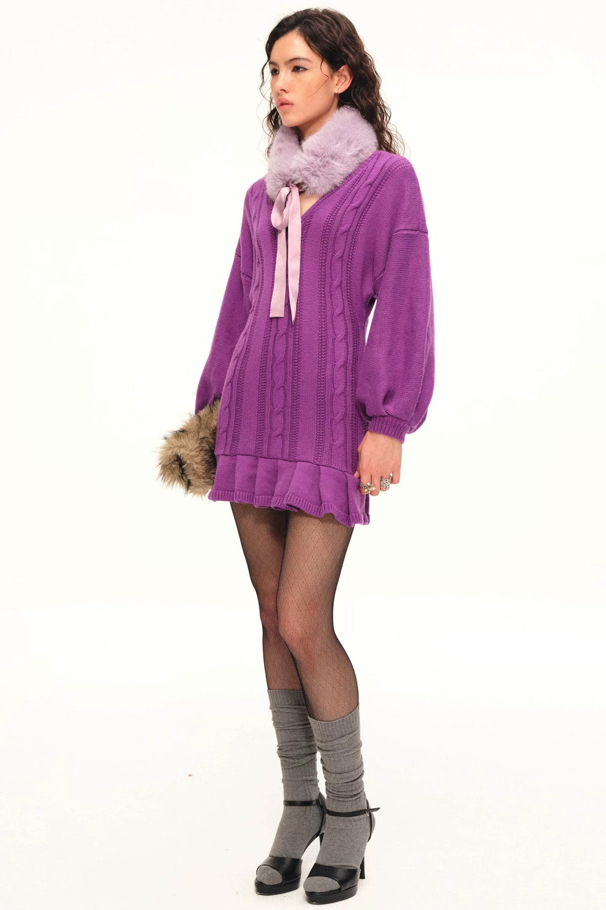 Faux Fur Neck Warmer Satin Tie Scarf