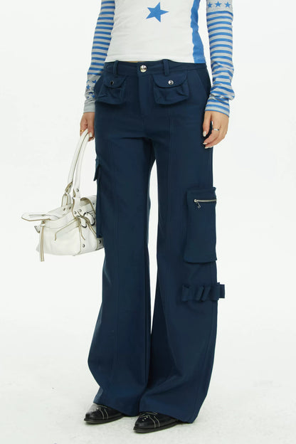 Navy Blue Multi-Pocket Wide-Leg Pants