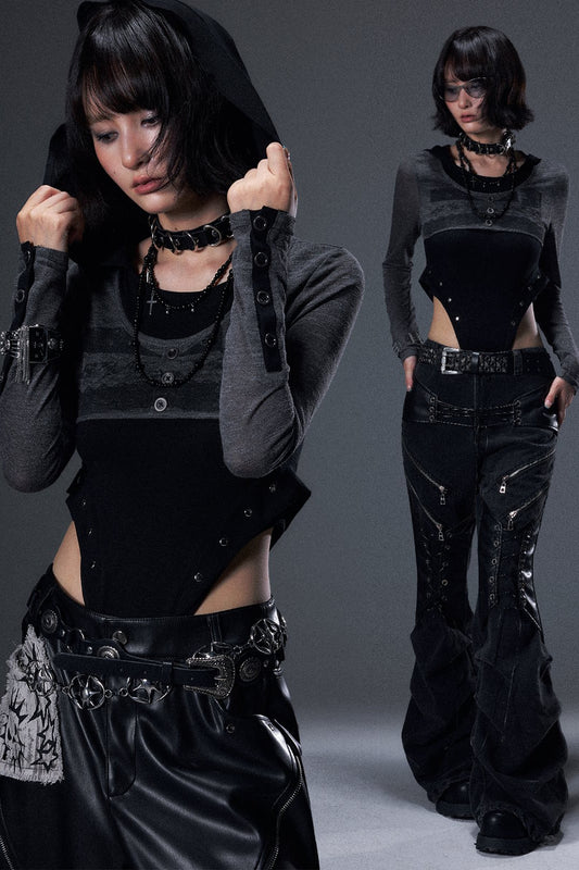 Dark Punk Drop-Crotch Hooded Knit Bodysuit