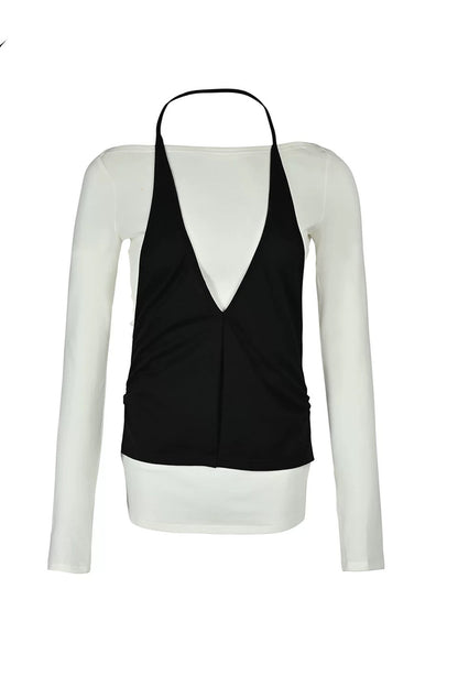 Lyocell Halter Neck Layered-Look T-Shirt