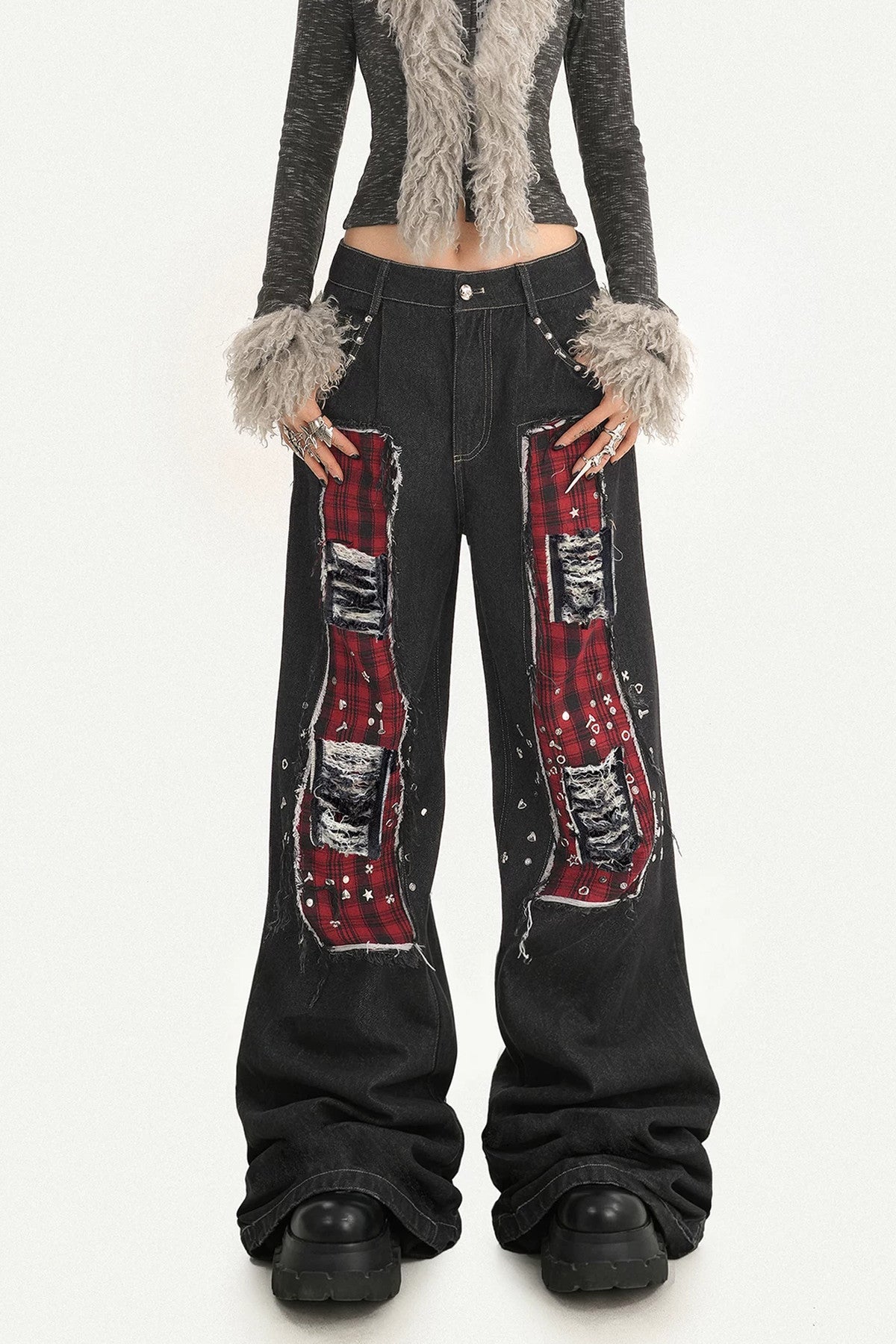 Black Red Plaid Punk Jeans