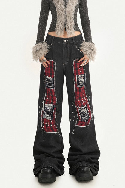 Black Red Plaid Punk Jeans