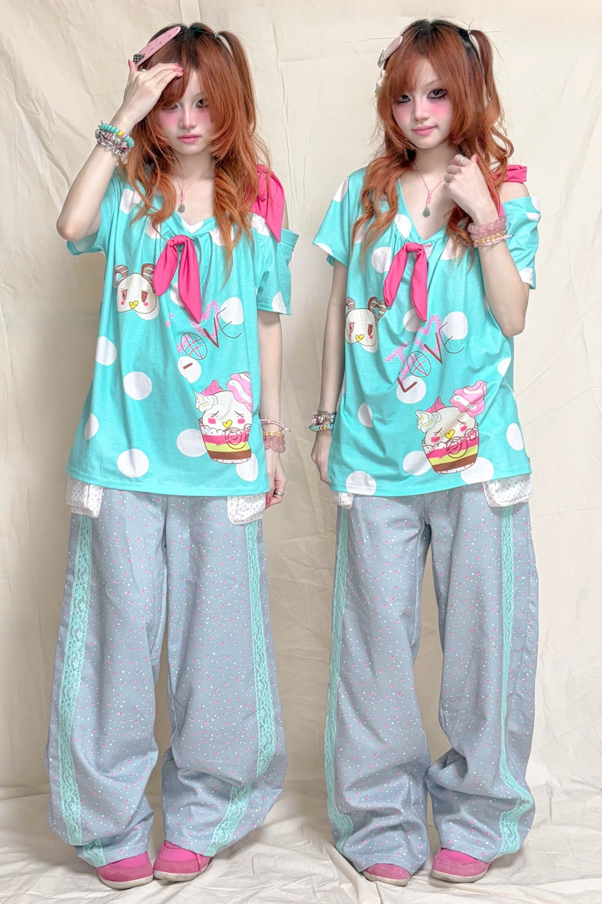 Floral Color-Block Lace Patchwork Wide-Leg Pants