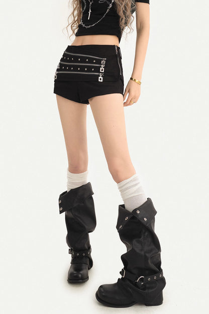Triple Metal Zipper Punk Shorts