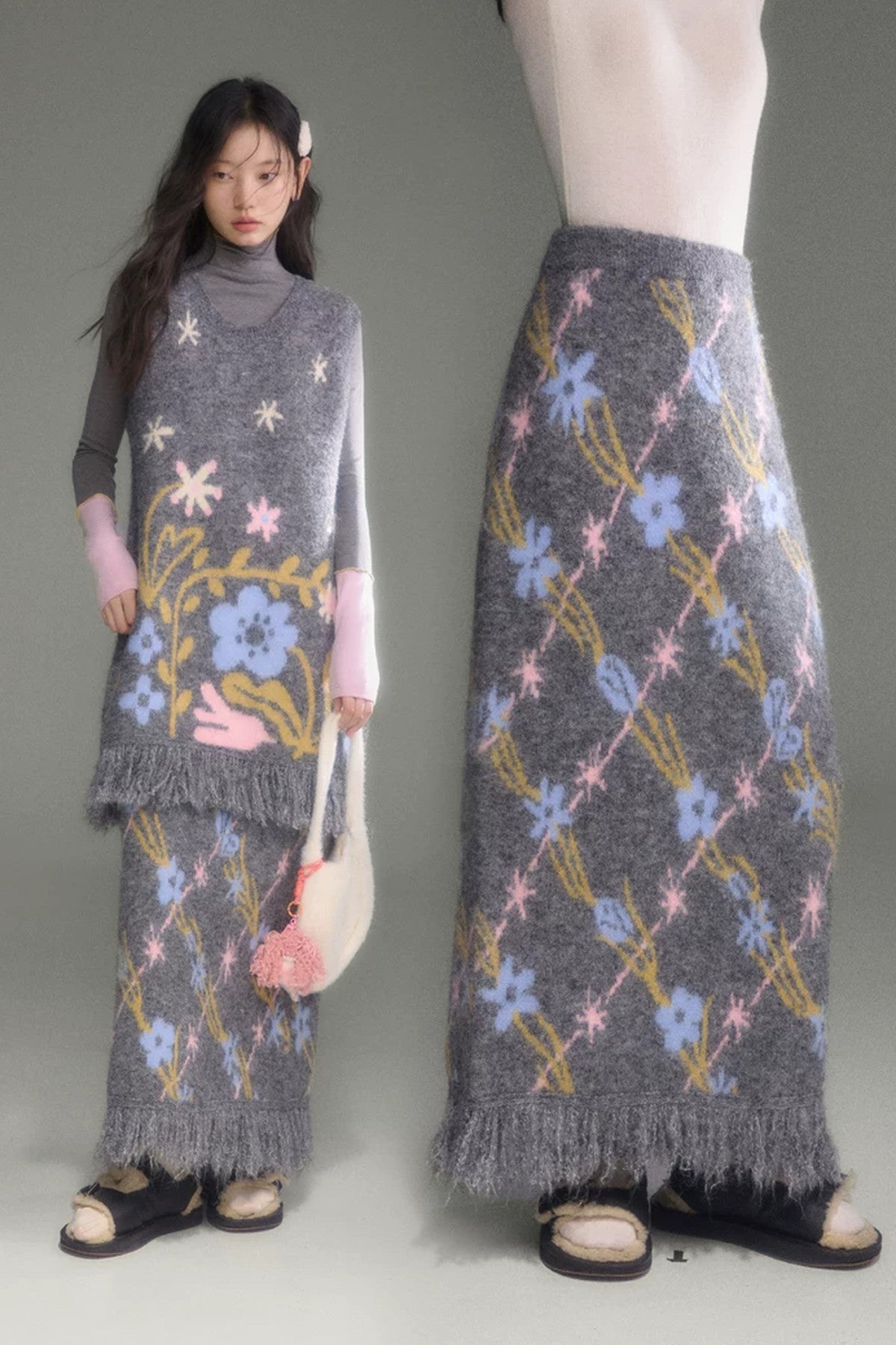 Tulip Floral Jacquard Knit Tassel Skirt