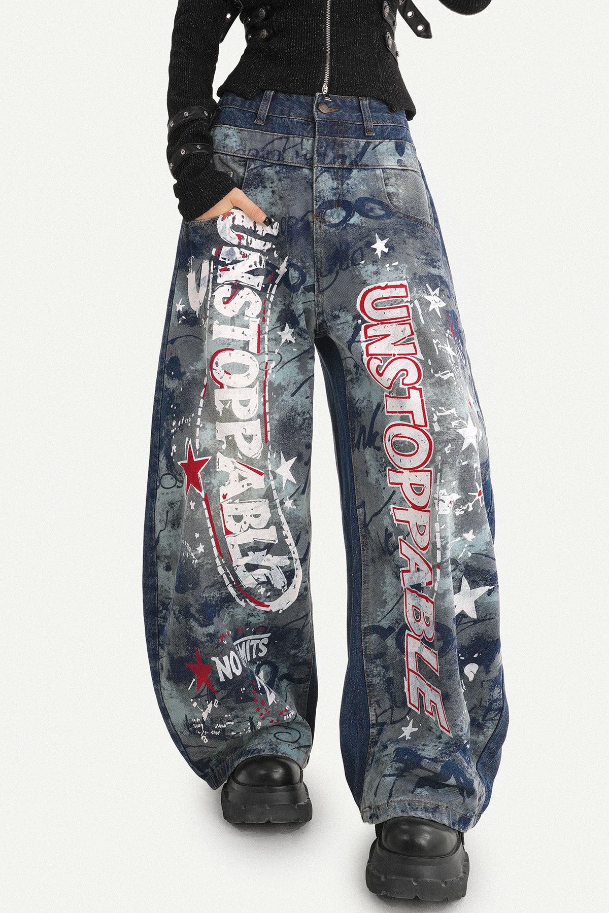 Graffiti Print Wide-Leg Jeans