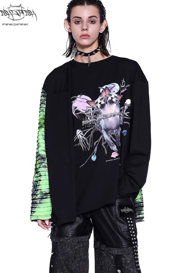 Cat Print Long-Sleeve T-Shirt