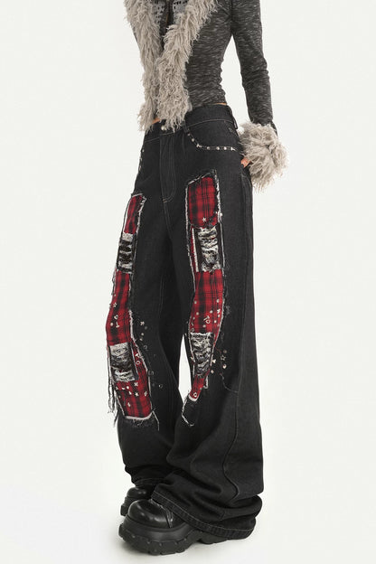 Black Red Plaid Punk Jeans