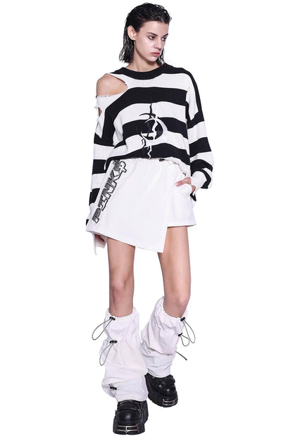 Loose Offset Embroidery Distressed Striped Sweater