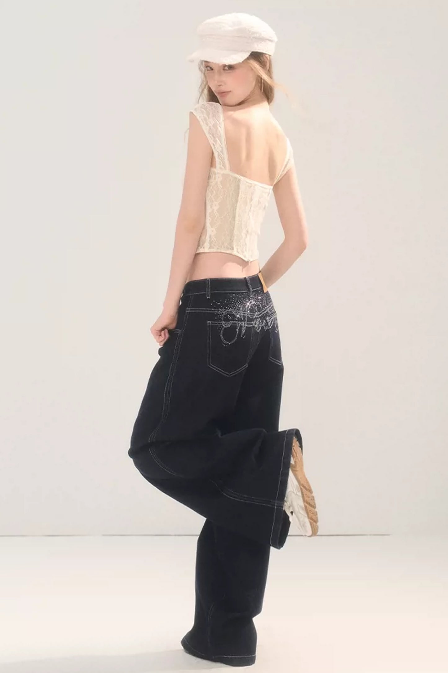 Rhinestone Wide-Leg Denim Pants