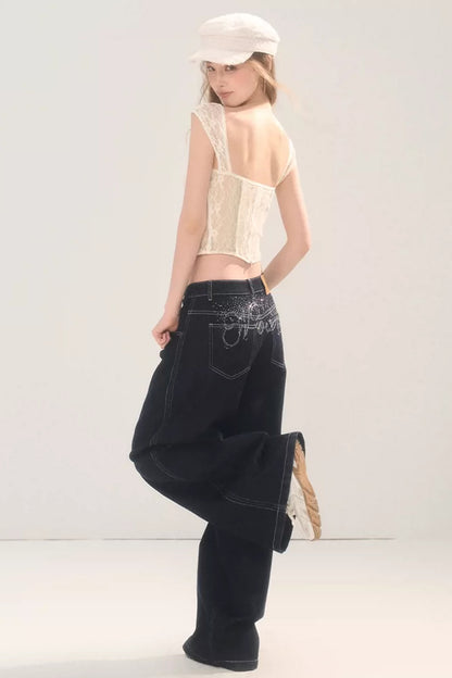 Rhinestone Wide-Leg Denim Pants