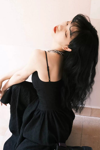 Dark Embossed Jacquard Strap Dress