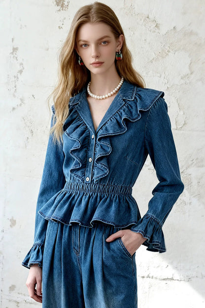 Ruffle Blouse and Wide-Leg Pants Set
