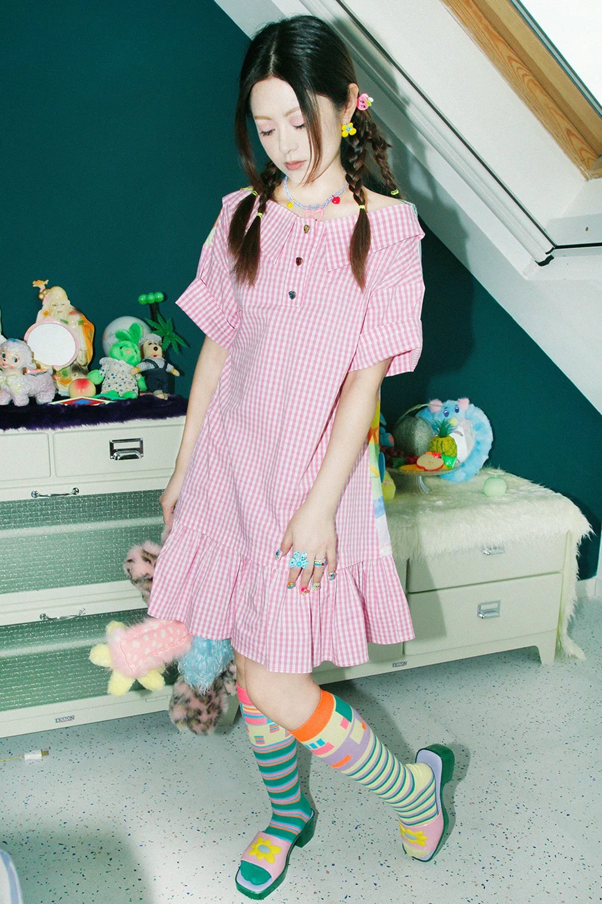 Asymmetrical Striped Cotton Calf Socks