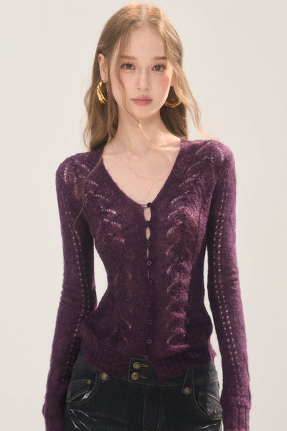 Rhinestone Hollow-Out Knit Cardigan Top