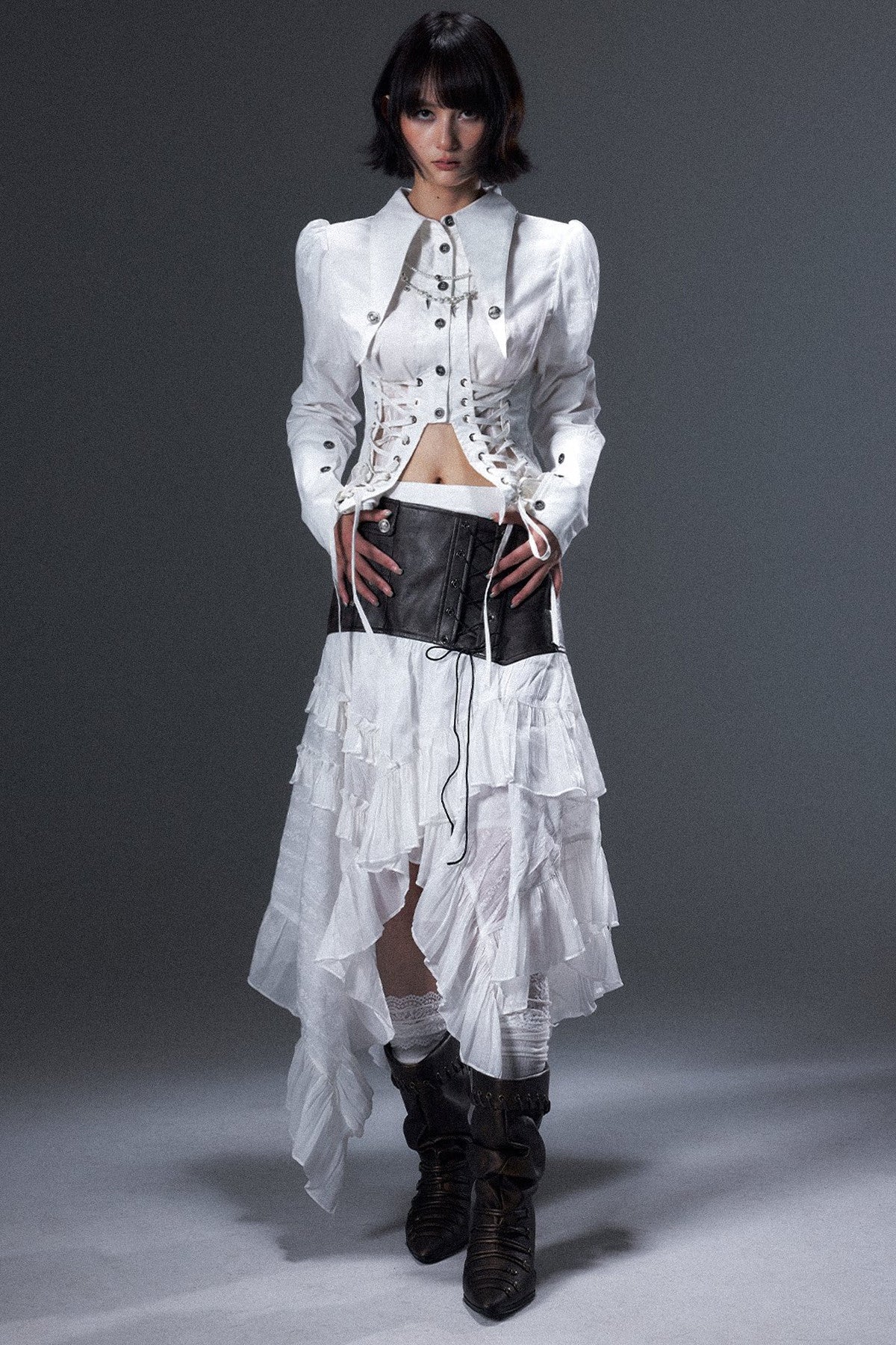 Irregular Ruffle Lace-Up Leather A-Line Skirt
