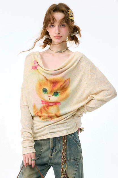 Cat Print Flutter Collar Blouse