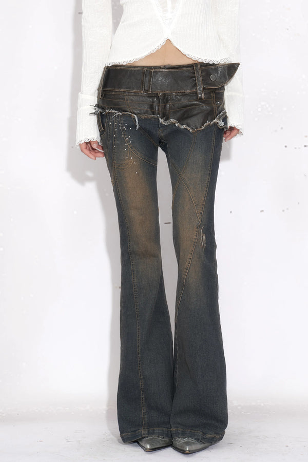 Leather Patchwork Rhinestone Flared Jeans