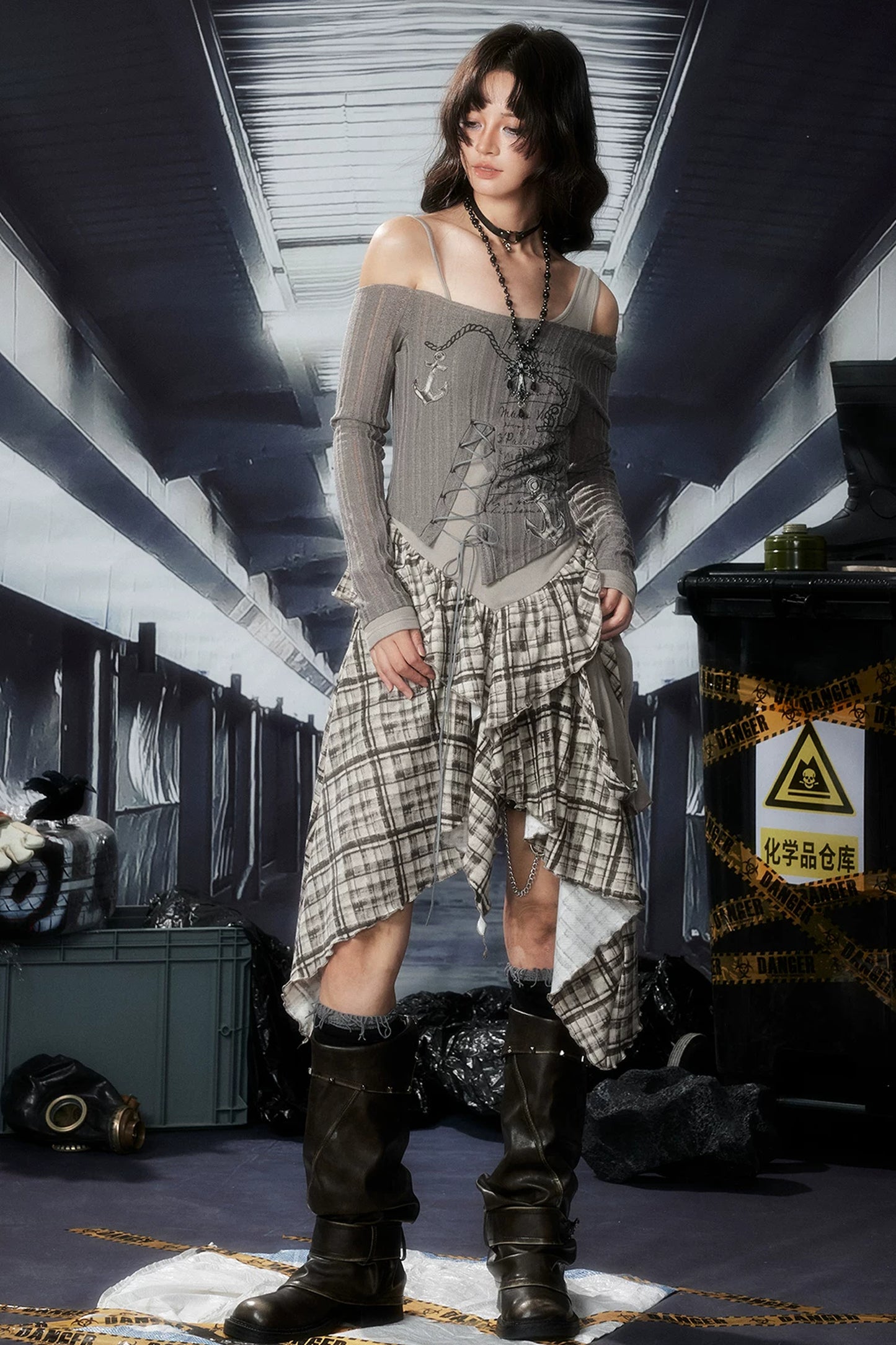 Plaid Ruffle One-Shoulder Dress