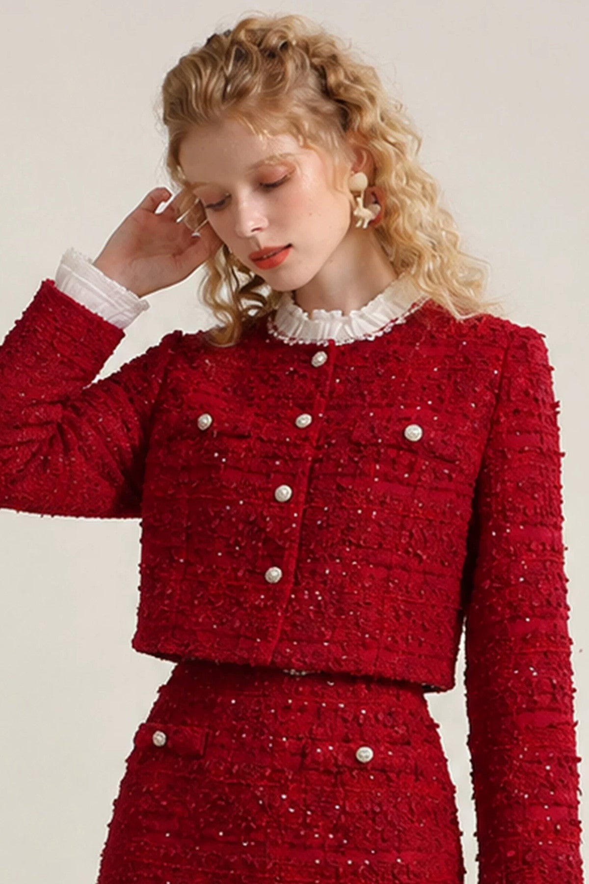 Red Short Jacket and Half Skirt Set
