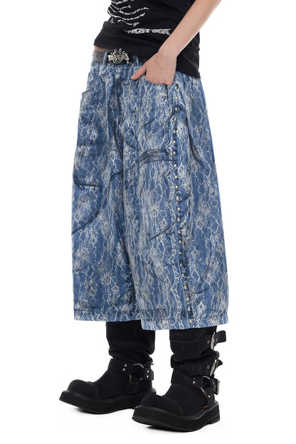 Rivet Structure Lace Denim Wide Leg Shorts