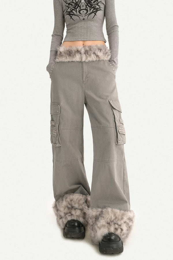 Leopard Plush Patchwork Wide-Leg Straight Workwear Pants