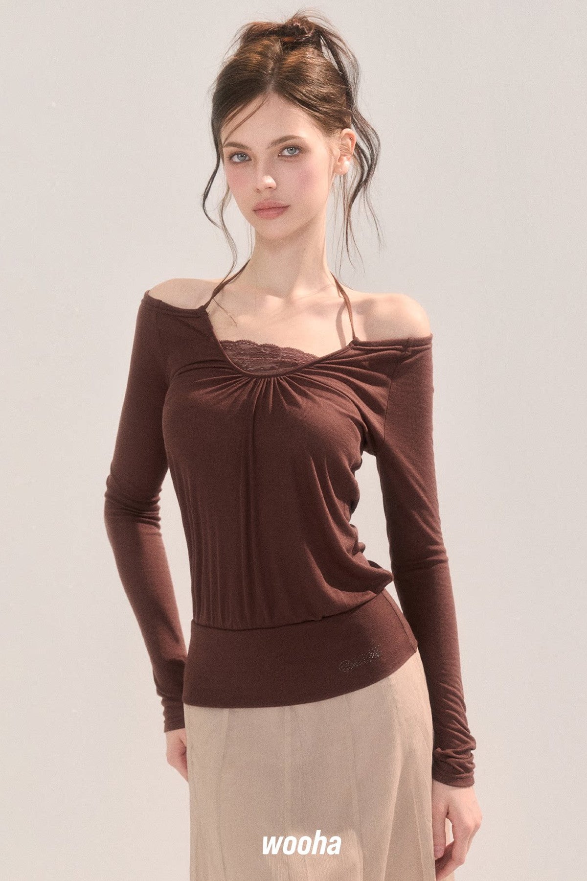 Off-Shoulder Lace Collar Long Sleeve T-Shirt