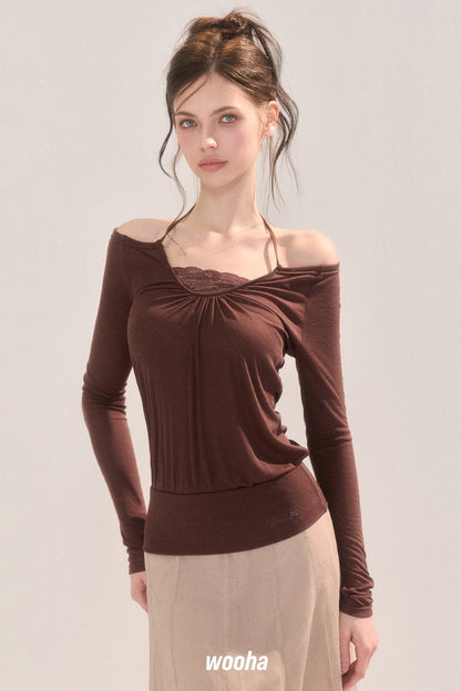 Off-Shoulder Lace Collar Long Sleeve T-Shirt
