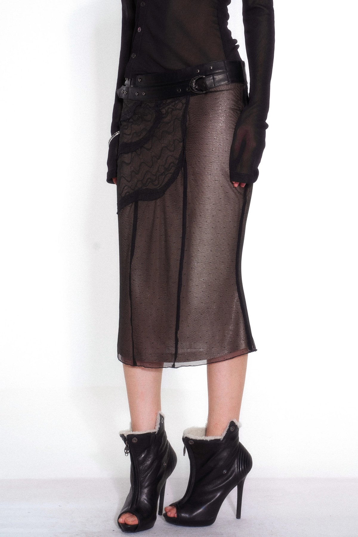 Asymmetrical Lace Overlay Rivet Belt Mesh Skirt