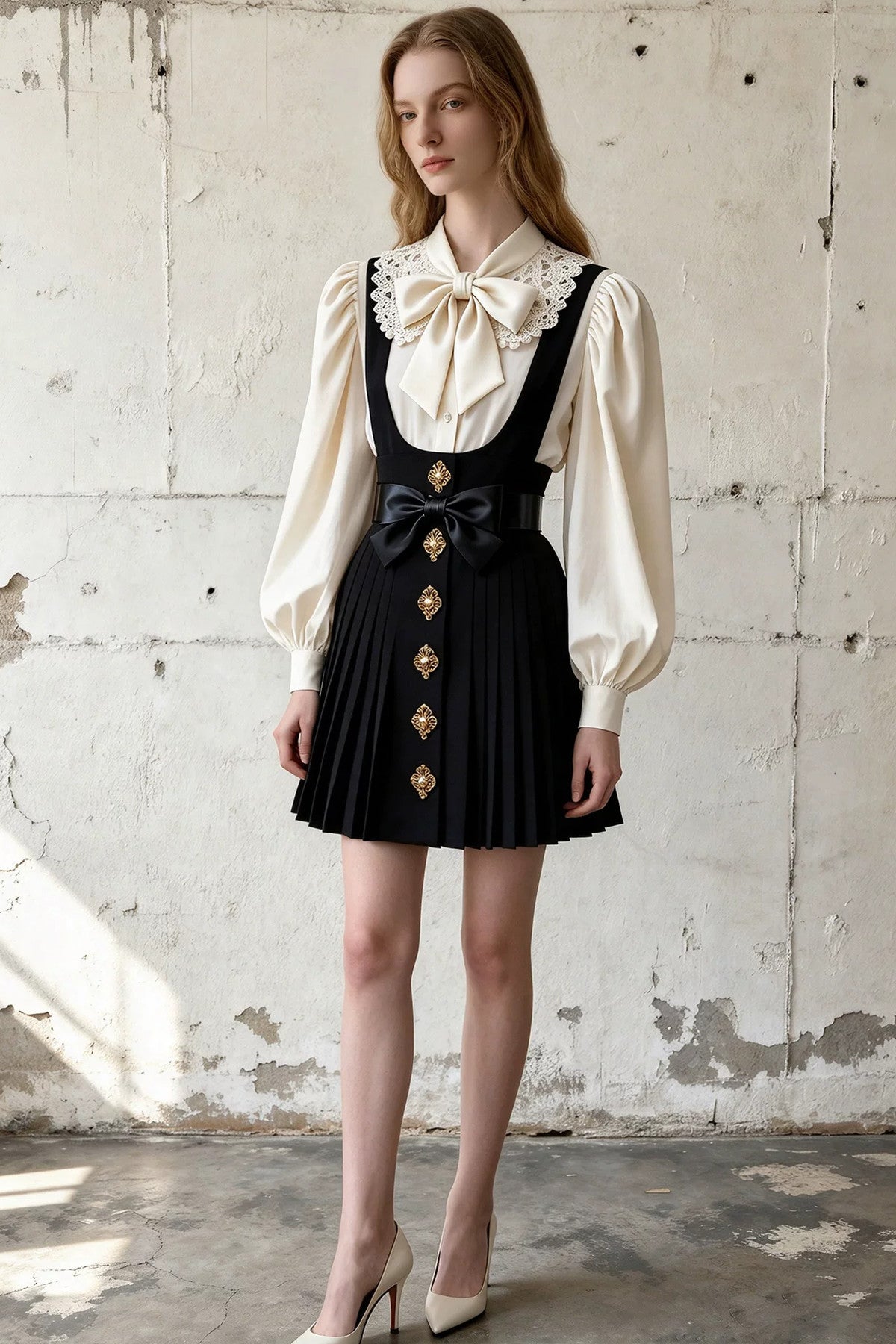 Butterfly Pleated Suspender Skirt Set
