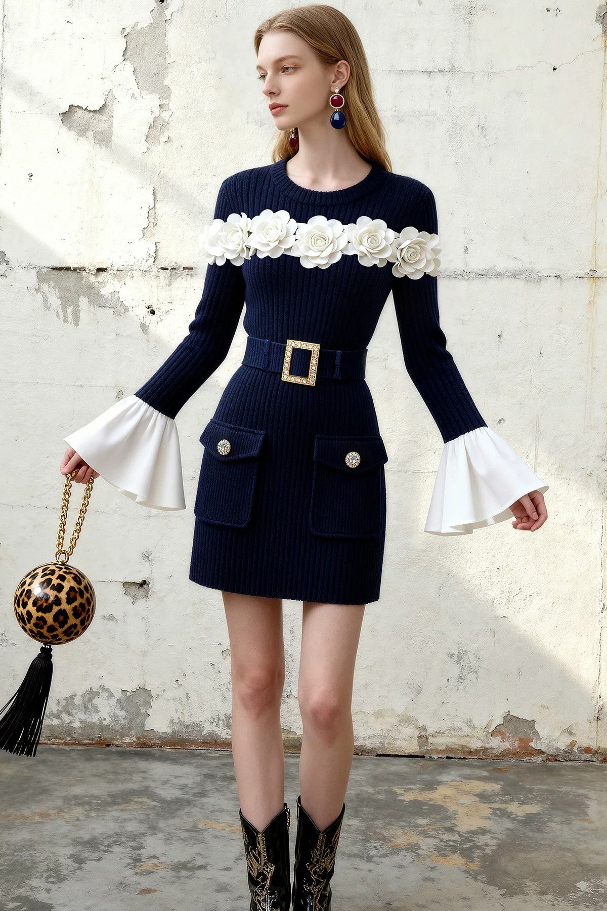 Navy Blue Floral Knit Dress